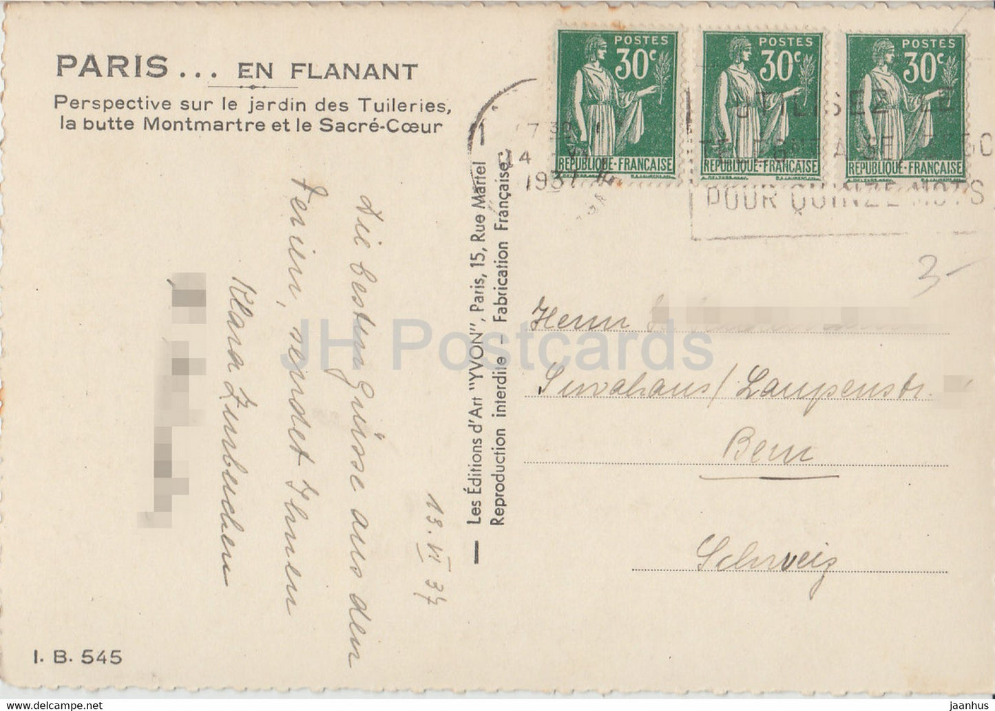 Paris - Perspective sur le jardin des Tuileries - la butte Montmartre et le Sacre Coeur - 1937 - France - used