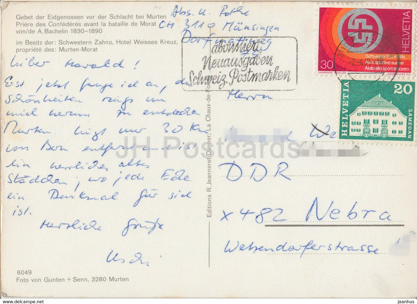 painting by A. Bachelin - Gebet der Eidgenossen vor der Schlacht bei Murten - 1975 - Swiss art - Switzerland - used