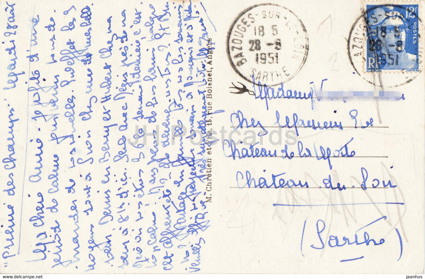 Bazouges sur Loir - Le Chateau et le Moulin sur le Loir - old postcard - 1951 - France - used