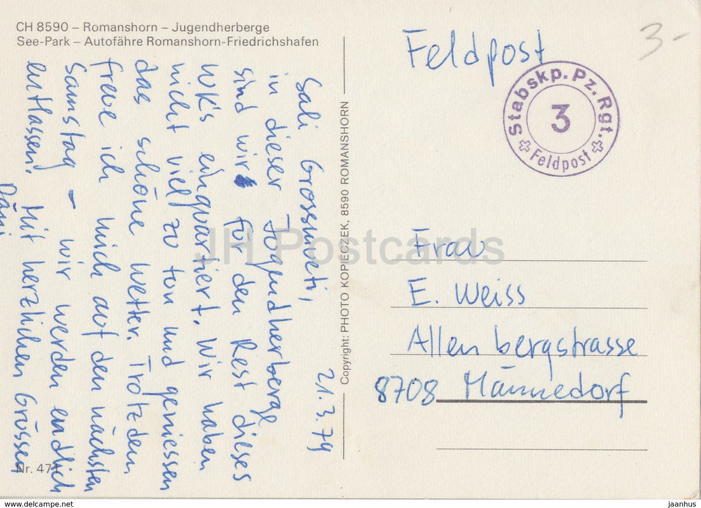 Romanshorn - Jugendherberge - See Park - Autofahre - ferry - Feldpost - ship - 1979 - Switzerland - used