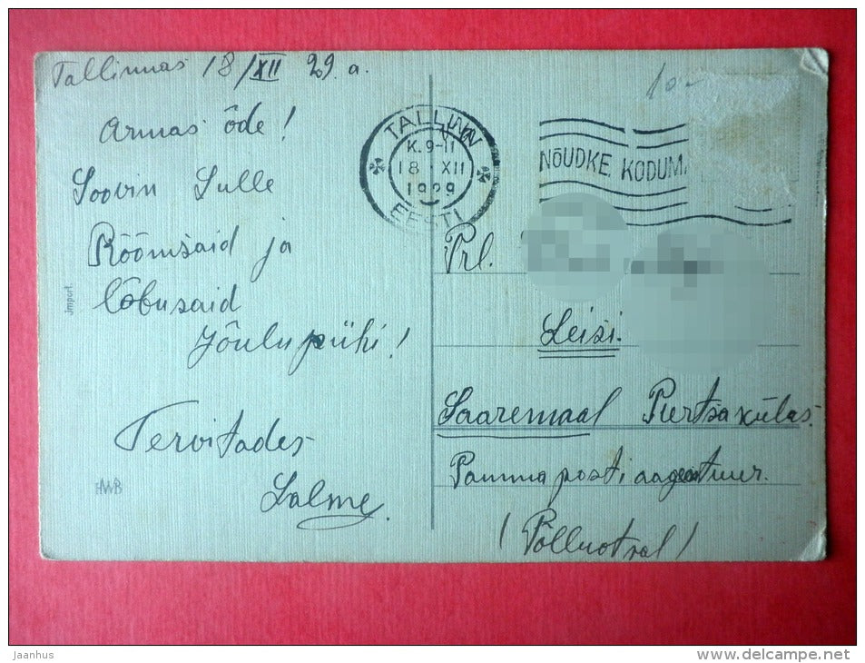 christmas greeting card - church - night sky - moon - HWB - circulated in Estonia Tallinn 1929 - JH Postcards