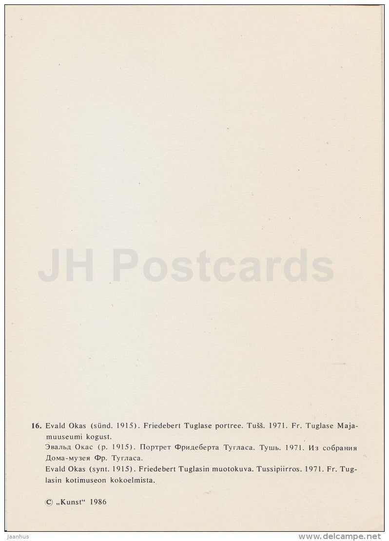 illustration by E. Okas - portrait of Fr. Tuglas - Writer Fr. Tuglas Works - 1986 - Estonia USSR - unused - JH Postcards
