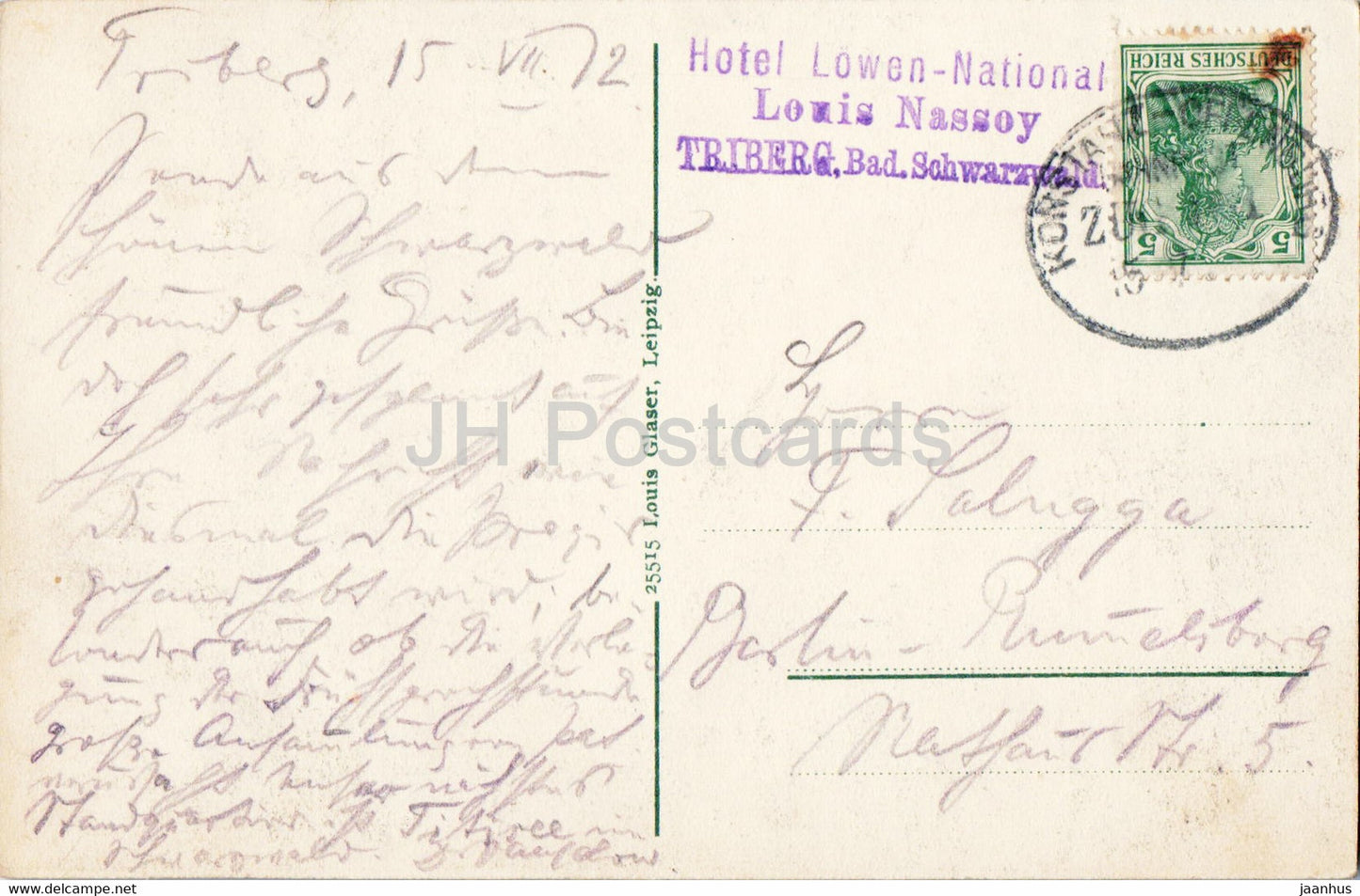 Triberg i bad Schwarzwald - Hotel Lowen National Louis Nassoy - Zugpost - old postcard - 1912 - Germany - used