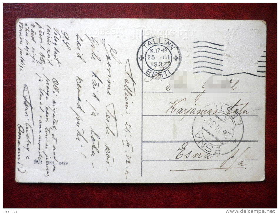 Easter Greeting Card - boy - chiken - flowers - golden colour - SER 2429 - circulated in 1932 - Estonia - used - JH Postcards