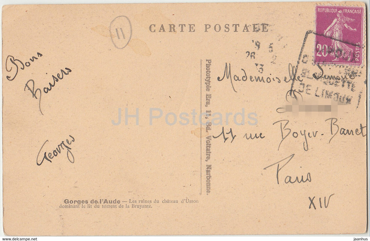Gorges de l'Aude - Les ruines du chateau d'Usson dominant le lit du torrent de la Bruyante alte Postkarte - Frankreich - gebraucht