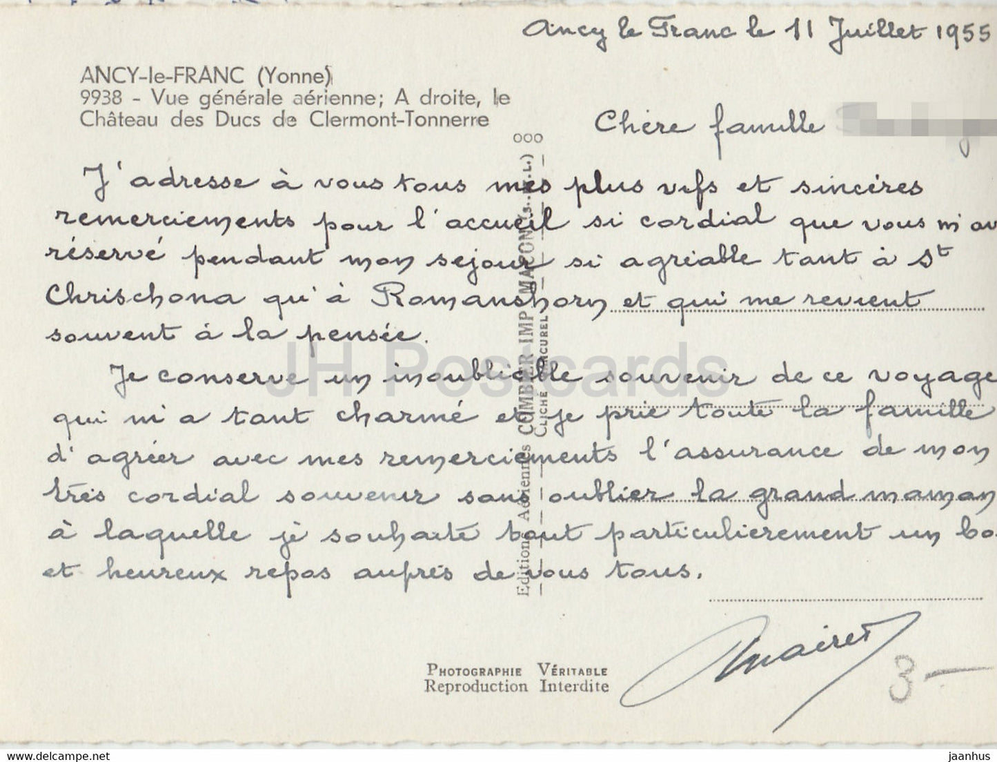 Ancy Le Franc - Vue Générale aérienne - A droite le Château des Ducs de Tonnerre - carte postale ancienne - 1955 - France - utilisé