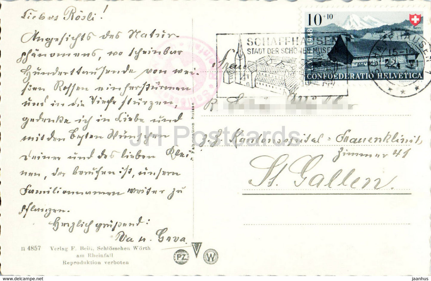 Rheinfall und Schloss Laufen - waterfall - castle - 4857 - old postcard - Switzerland - used