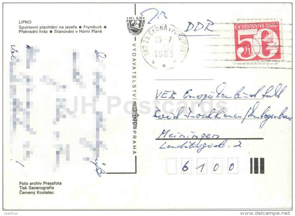 Lipno - sports sailing on the lake - Frymburk - dam - sailing boat - surfing - Czechoslovakia - Czech - used 1985 - JH Postcards