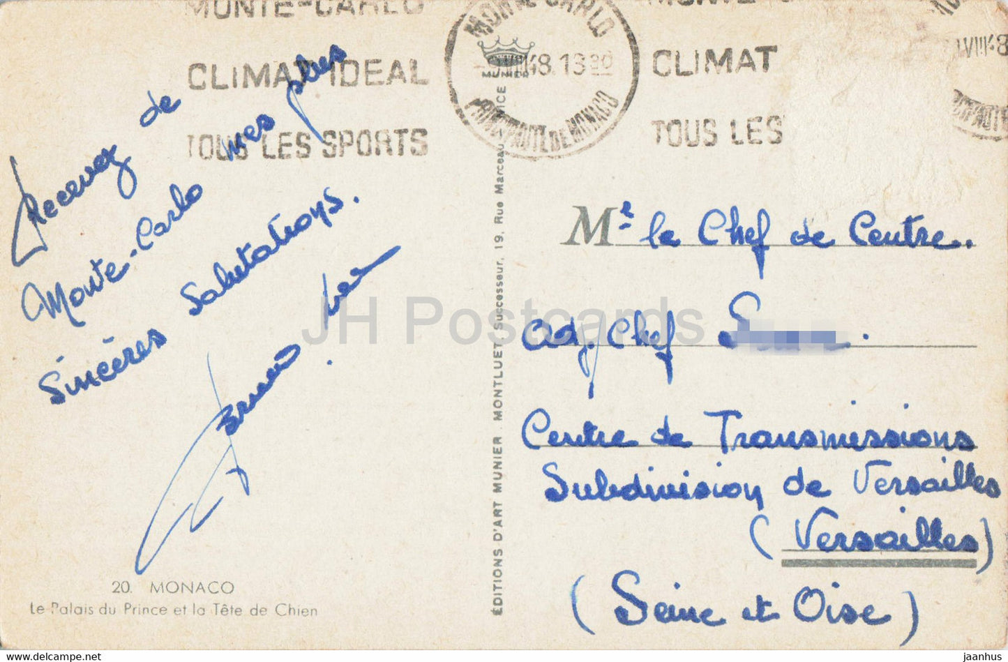Monaco - Le Palais du Prince et la Tête de Chien - 20 - carte postale ancienne - 1948 - Monaco - oblitéré