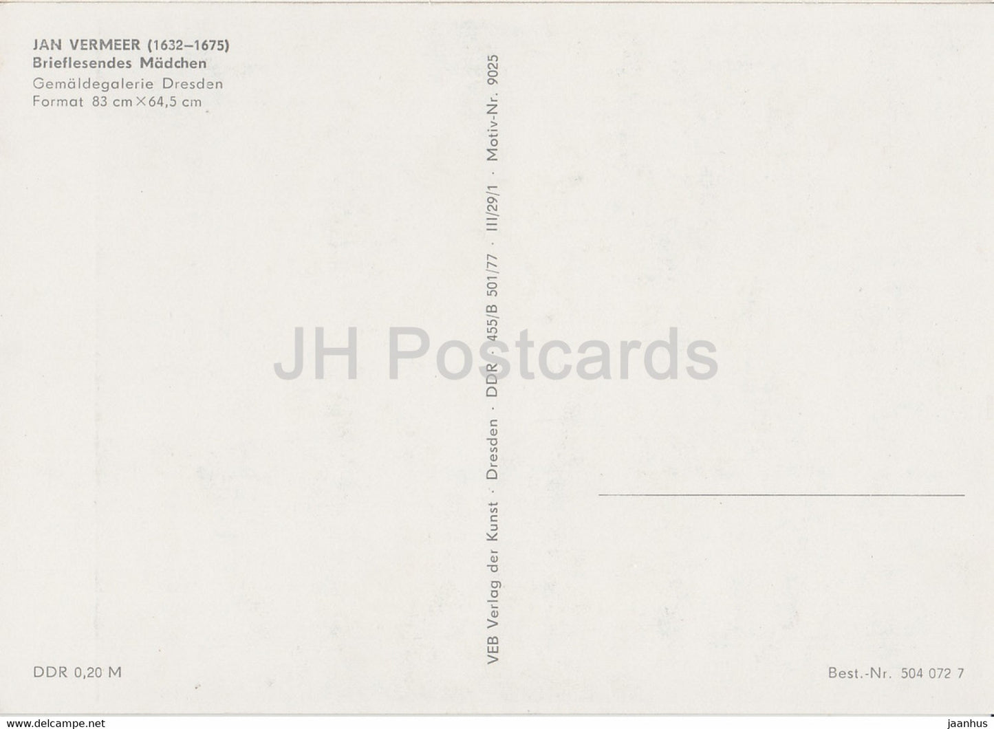 painting by Jan Vermeer - Brieflesendes Madchen - Dutch art - Germany DDR - unused