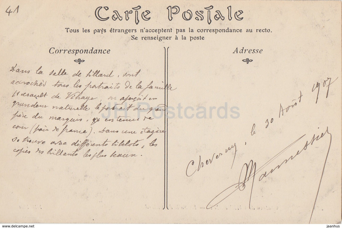 Chateau de Cheverny - La Salle de Billard - Schloss - 289 - alte Postkarte - 1907 - Frankreich - gebraucht