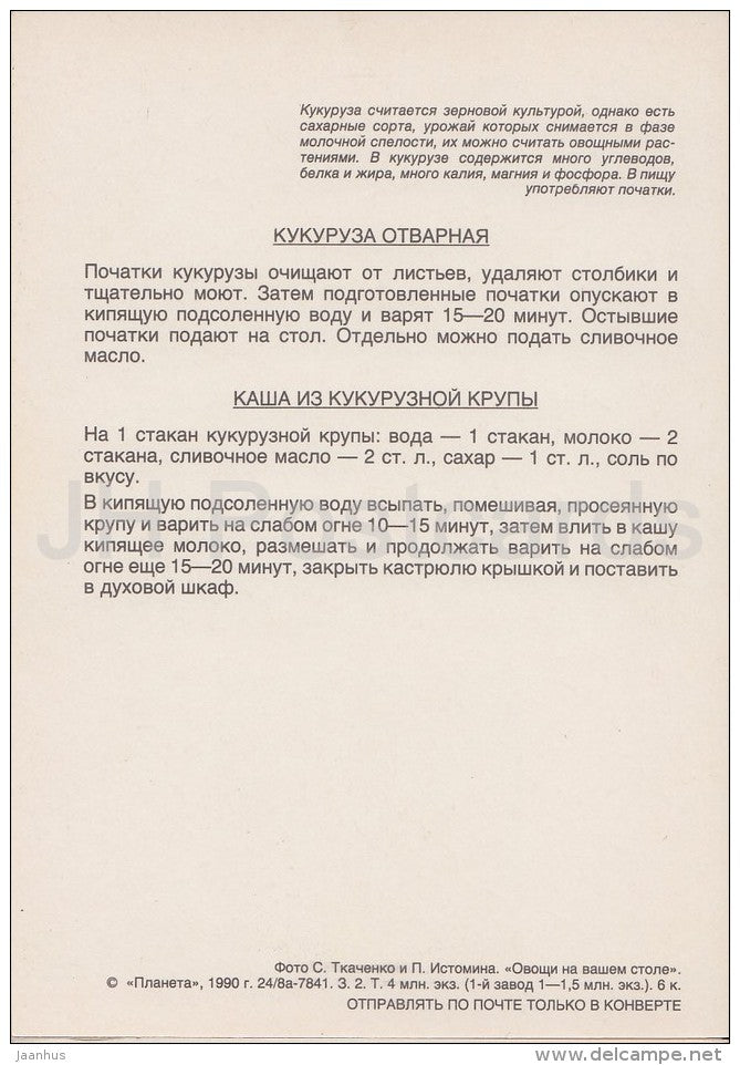 Boiled Corn - Vegetable Dishes - recipes - 1990 - Russia USSR - unused - JH Postcards