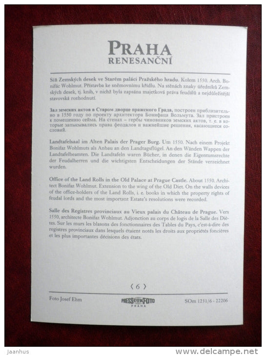 Office of the Land Rolls in the Old Palace at Prague Castle - Prague - CZECH REPUBLIC, CZECHOSLOVAKIA - unused - JH Postcards