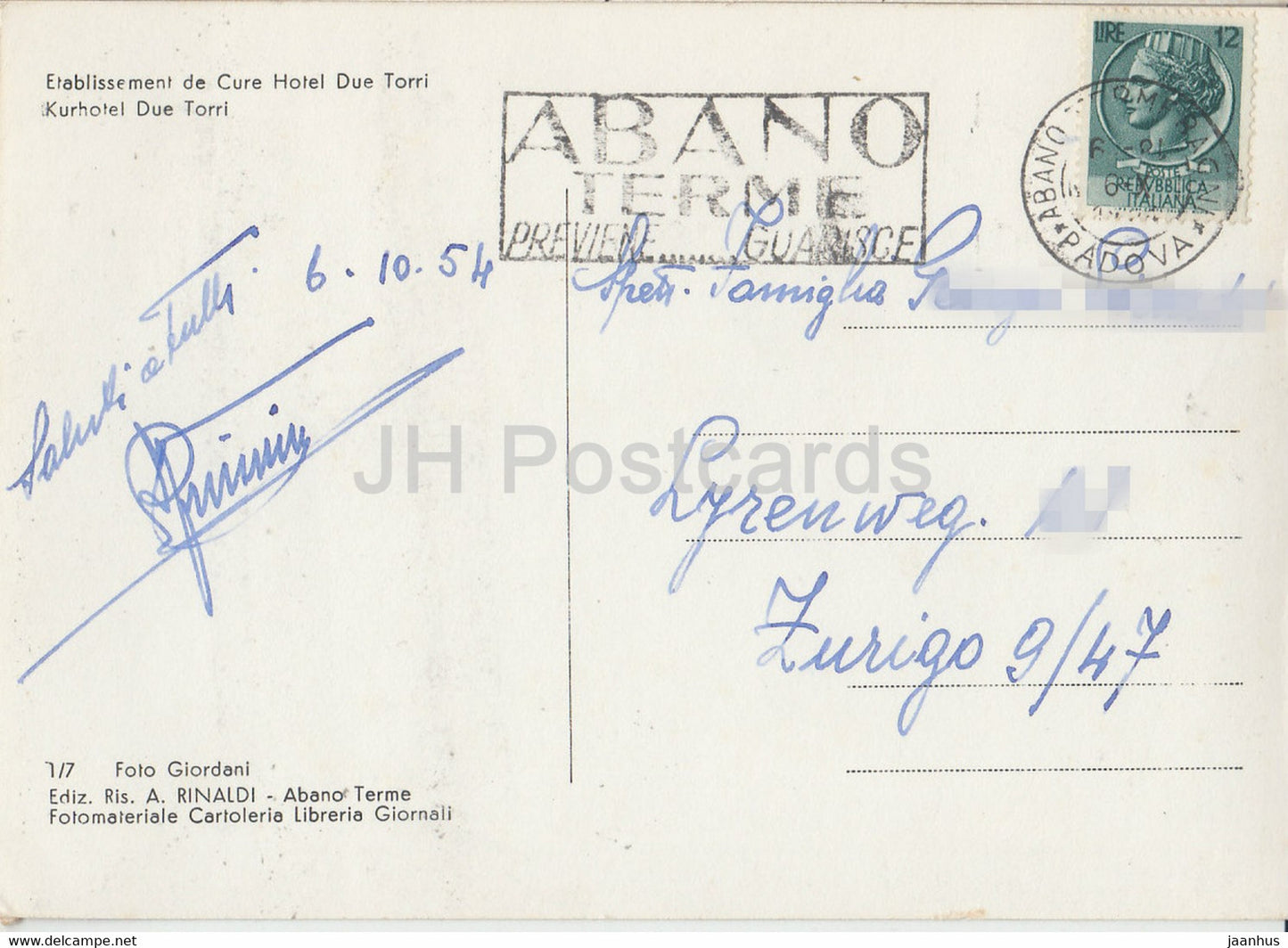 Abano Terme - Padoue - hôtel Due Torri Terme - carte postale ancienne - 1954 - Italie - utilisé