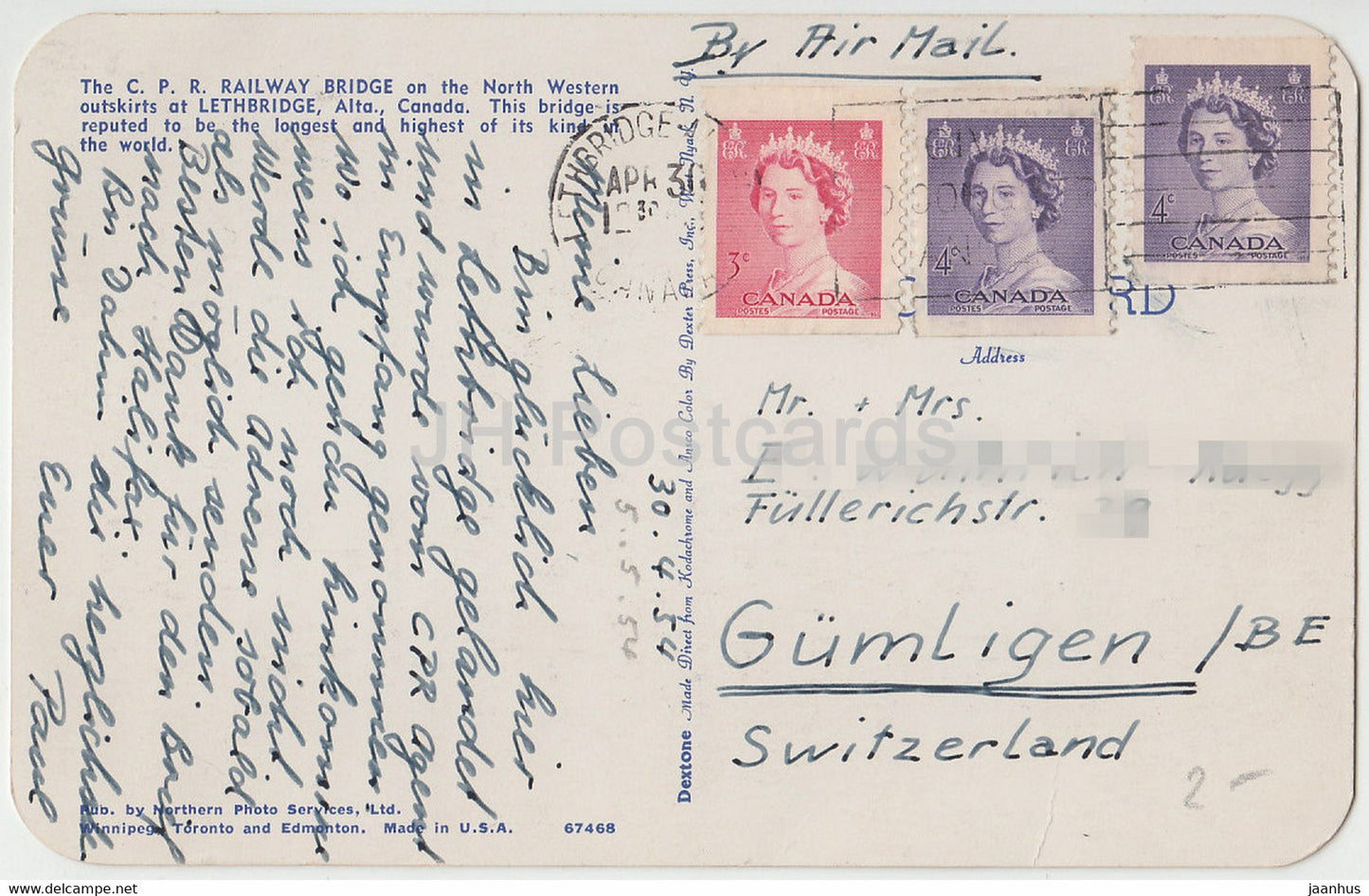 The C P R Railway Bridge on the North Western outskirts at Lethbridge - railway - old postcard - 1954 - Canada - used