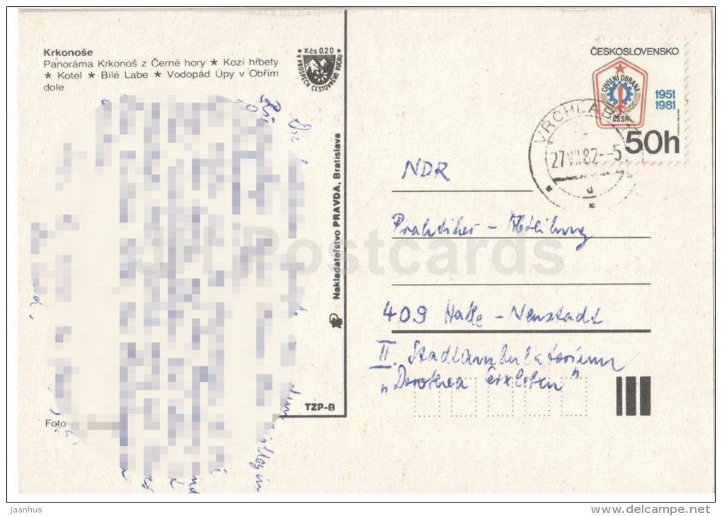 Krkonose - Cerna Hora - Kotel - Bile Labe - waterfall - The Giant Mountains - Czechoslovakia - Czech - used 1982 - JH Postcards