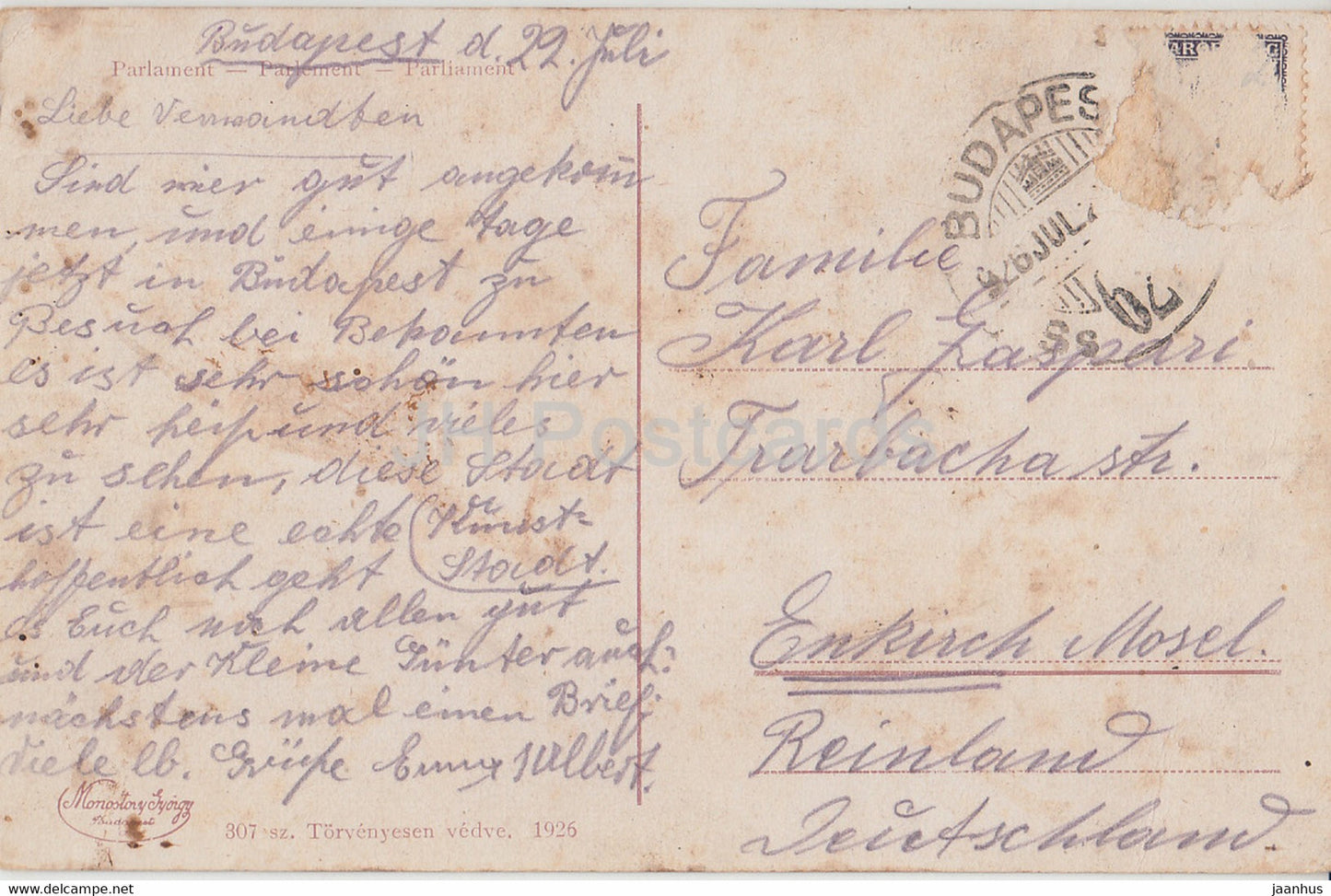 Budapest - Orszaghaz - Parlement - Parlement - carte postale ancienne - 1926 - Hongrie - utilisé