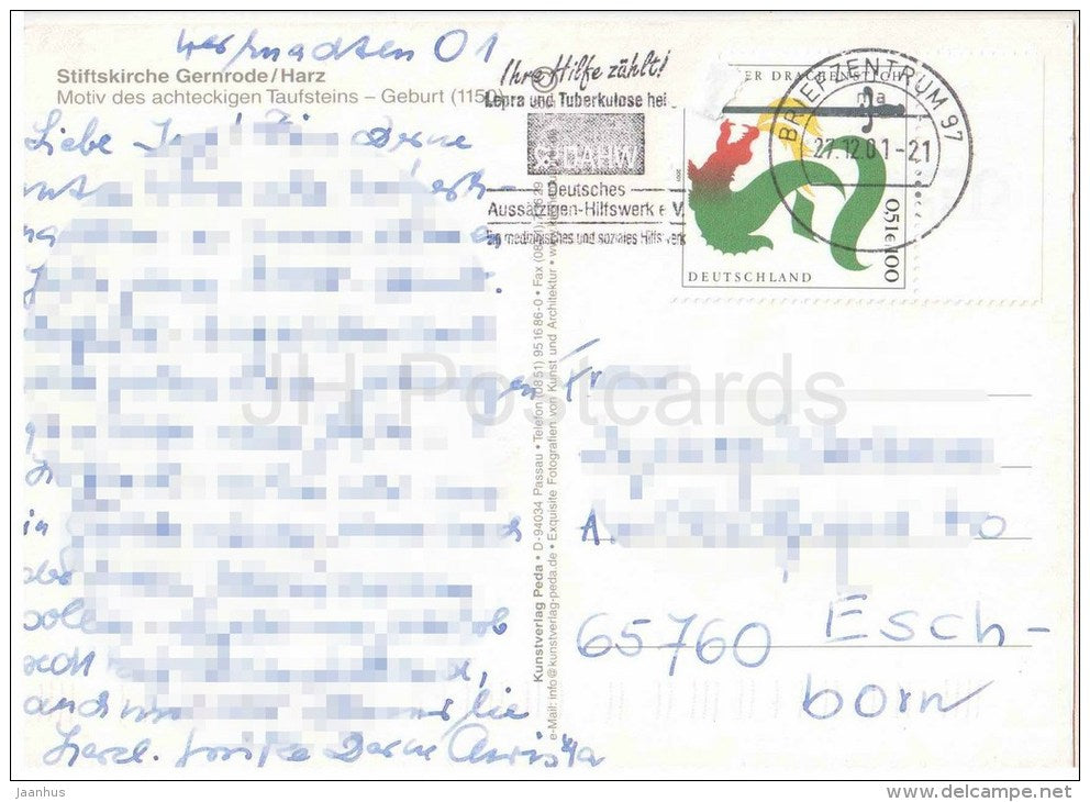 Stiftskirche Gernrode Harz - Motiv des achteckigen Taufsteins - church - Germany - 2001 gelaufen - JH Postcards