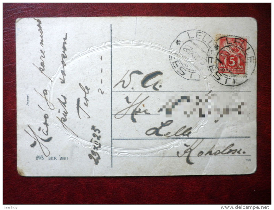 Christmas Greeting Card - deers - winter - fir - HMB SER 2801 - circulated in Estonia 1925 , Lelle - Estonia - used - JH Postcards