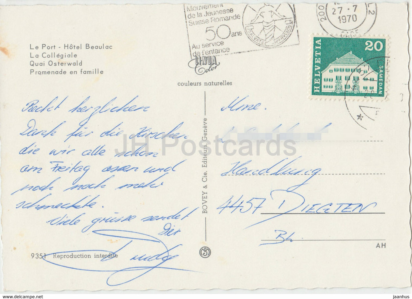 Souvenir de Neuchatel - Le Port - Hotel Beaulac - La Collegiale - Quai Osterwald - swan - 1970 - Switzerland - used