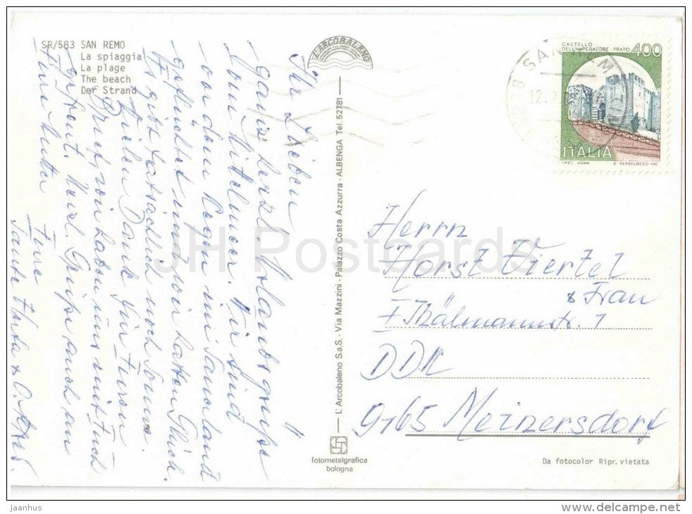 La Spiaggia - beach - San Remo - Sanremo - Liguria - SR/583 - Italia - Italy - sent from Italy San Remo to Germany DDR - JH Postcards