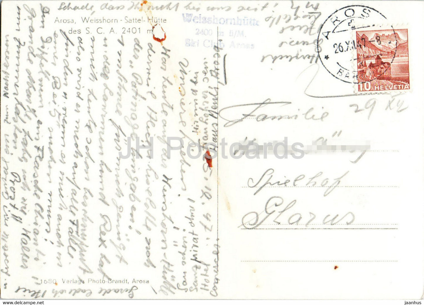 Arosa Weisshorn Sattel Hutte des SCA 2401 m - 1680 - carte postale ancienne - 1947 - Suisse - utilisé