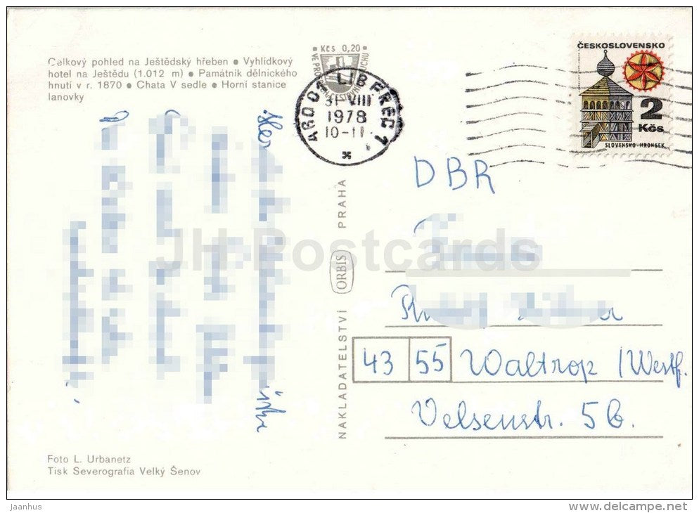 Ješted , 1012 m - the monument to labor movement - upper lift station - Czechoslovakia - Czech - used 1978 - JH Postcards