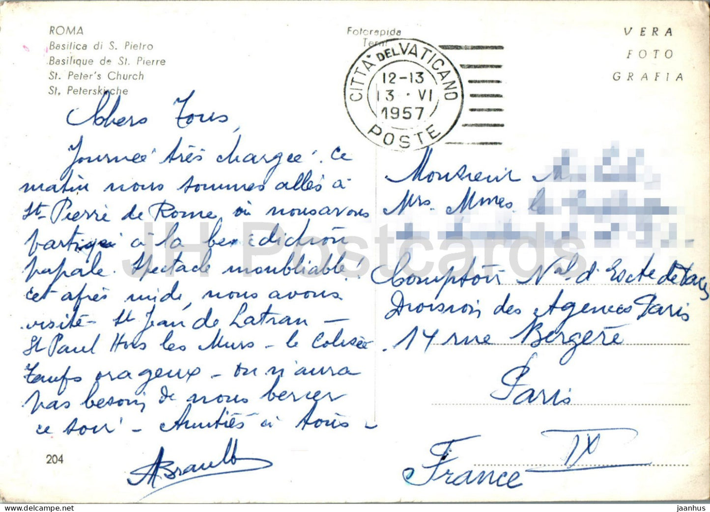 Roma - Rome - Basilique di S Pietro - Église Saint-Pierre - carte postale ancienne - 204 - 1957 - Italie - utilisé