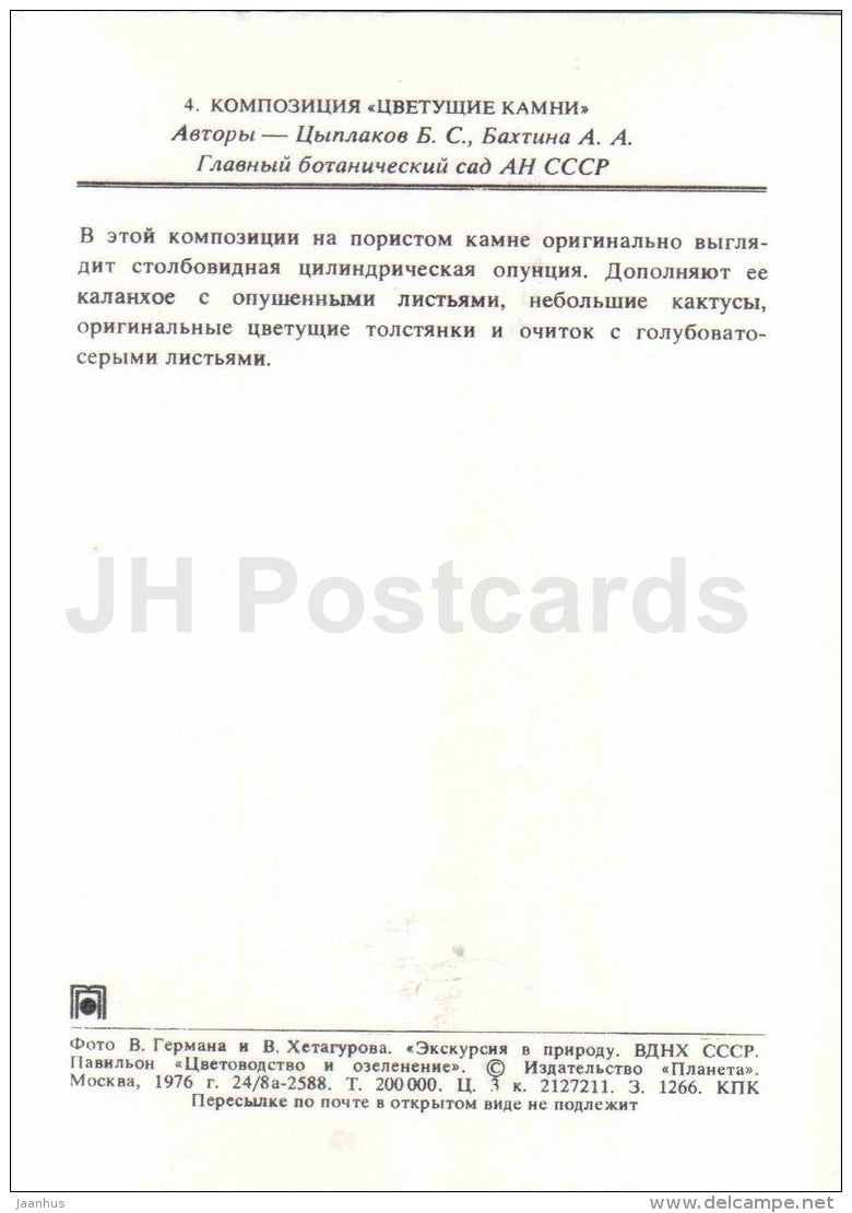 composition - flowering stones - 1 cactus - flowers - floriculture and gardening pavilion - 1976 - Russia USSR - unused - JH Postcards