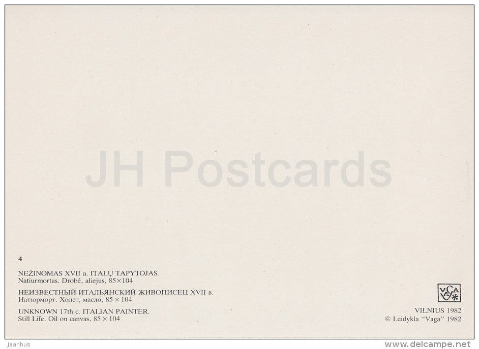 painting by Unknown Artist - Still Life - flowers - vase - grapes - bird - Italian art - Lithuania USSR - 1982 - unused - JH Postcards