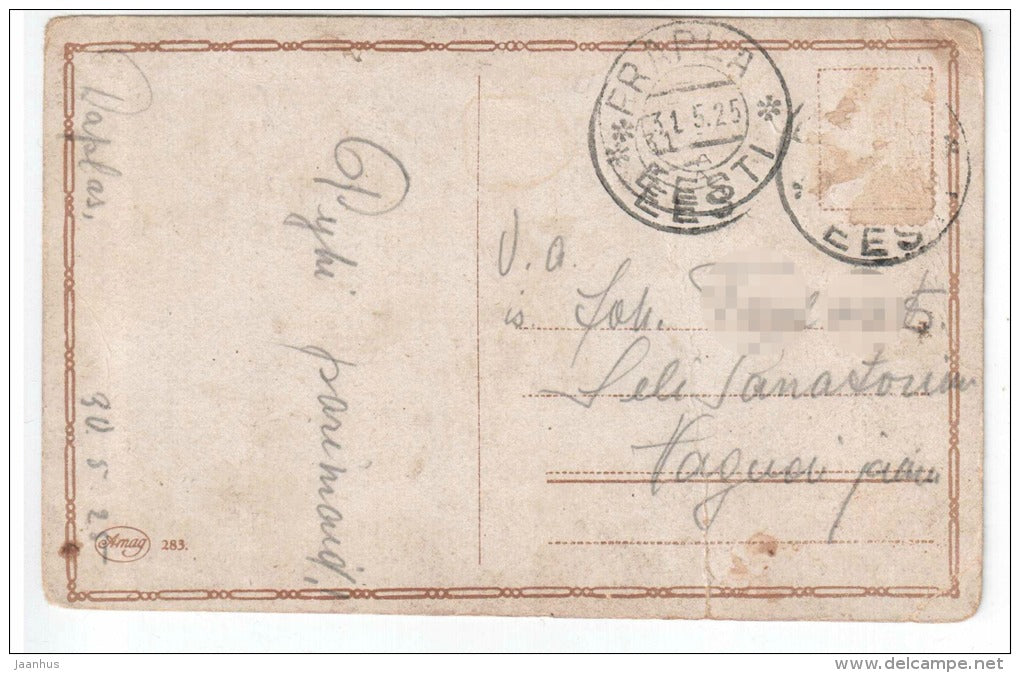 illustration by Fiebiger - well , trees - Amag 283 - old postcard - circulated in Estonia 1925 , Rapla - used - JH Postcards