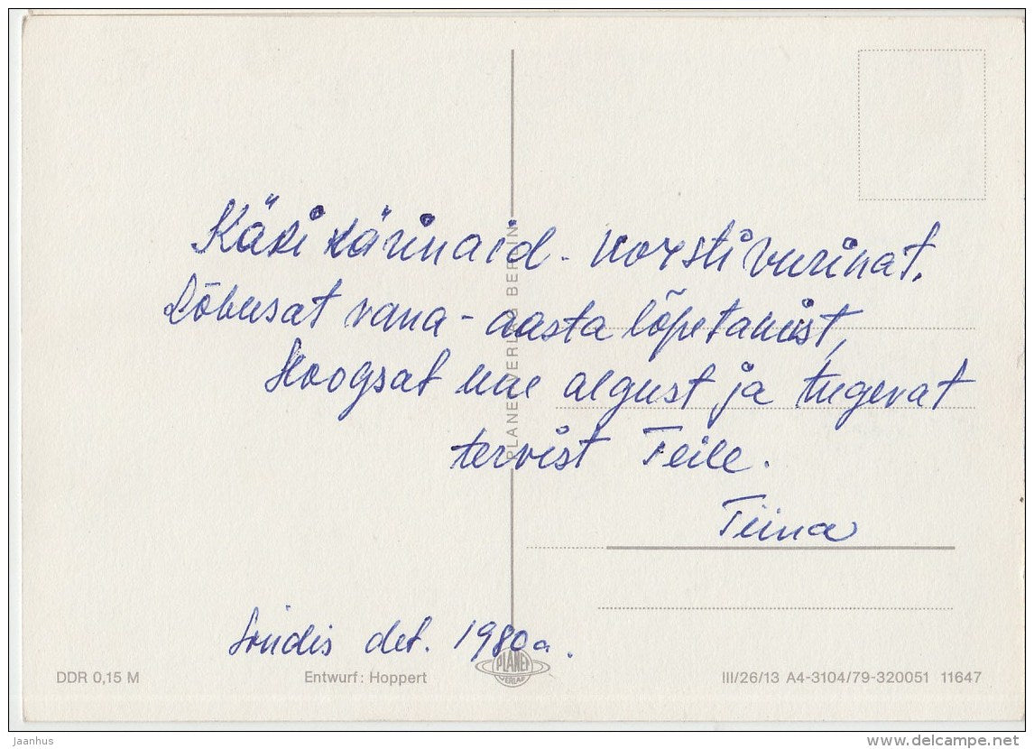 New Year greeting card - snowman - sledge - gifts - christmas tree - illustration - 1980 - Germany - used - JH Postcards