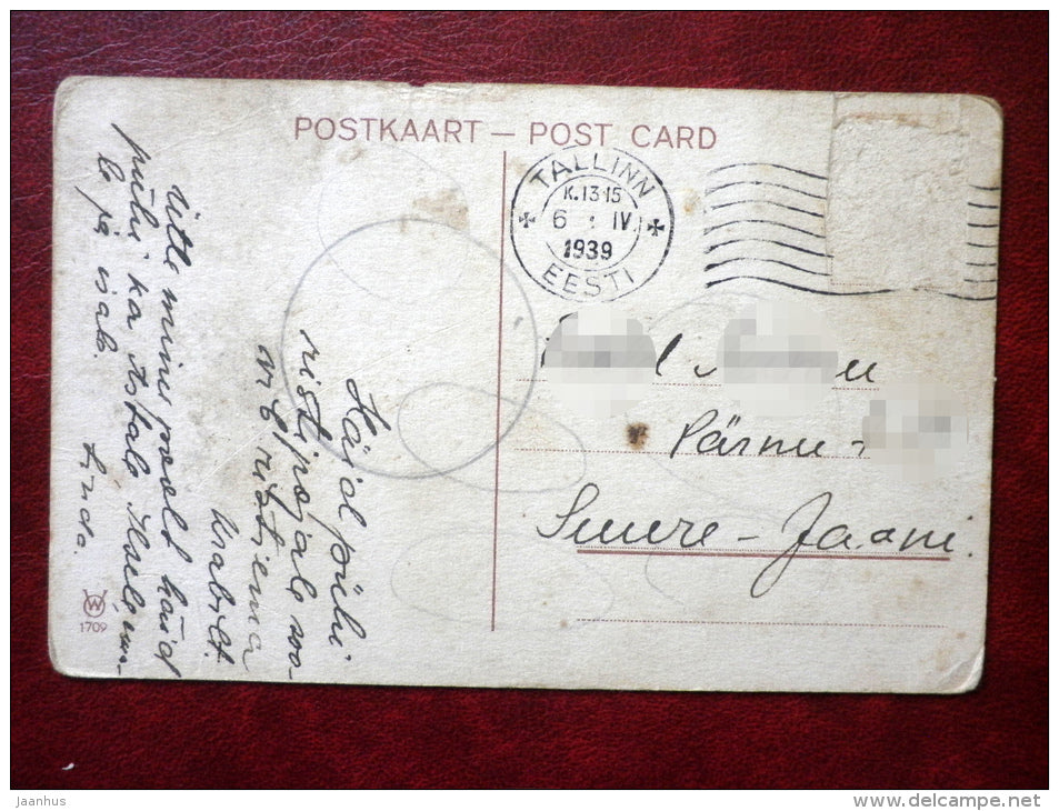 Easter Greeting Card - hare - fishing - eggs - 1709 - circulated in 1939 - Estonia - used - JH Postcards