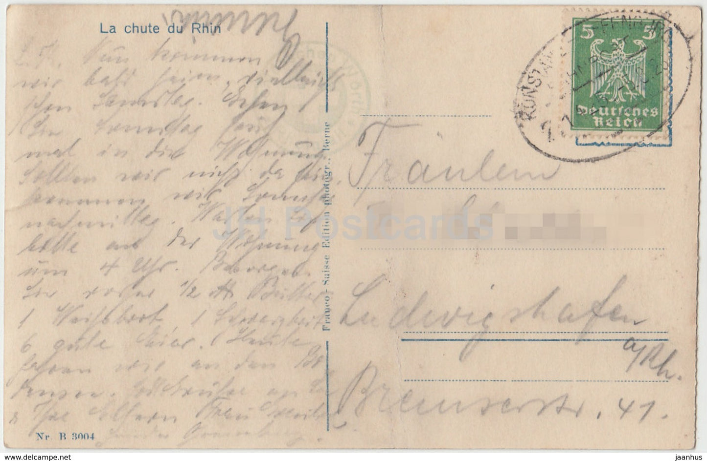 Rheinfall - La Chute du Rhin - waterfall - Konstanz Offenburg Bahnpost - 3004 - Switzerland - 1925 - used