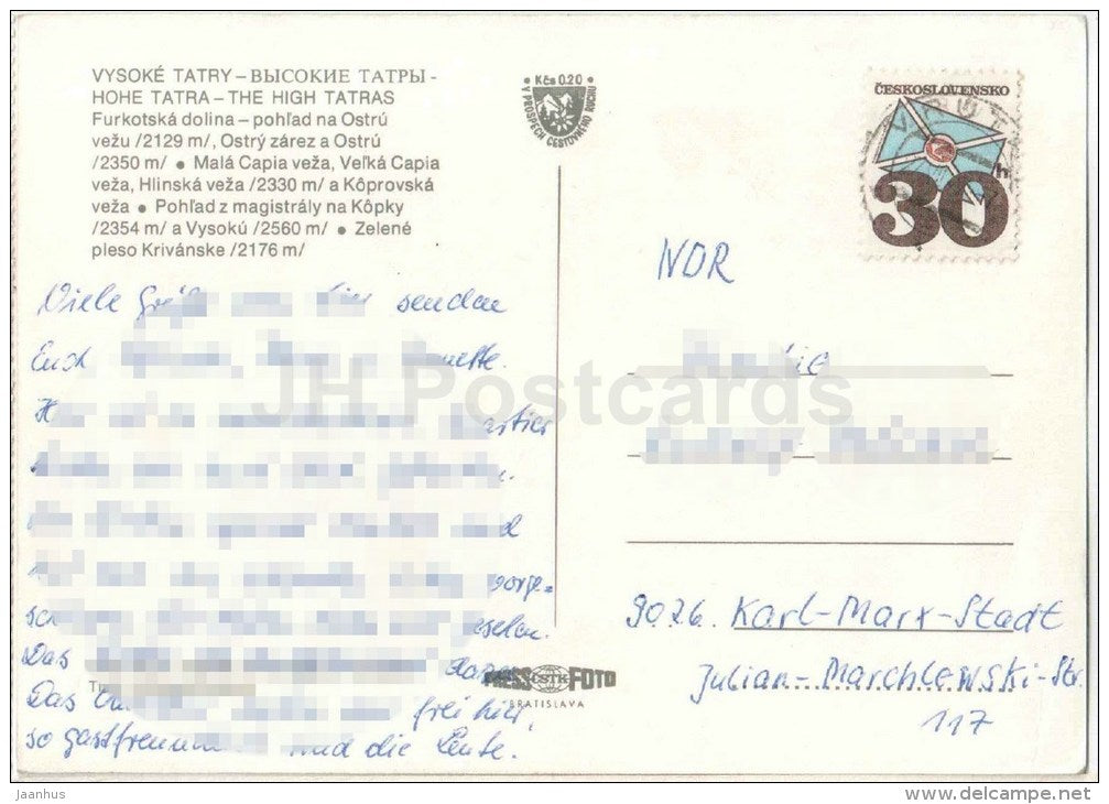 Furkotska valley - Ostra Veza - Mala Capia - Vysoke Tatry - High Tatras - Czechoslovakia - Slovakia - used - JH Postcards