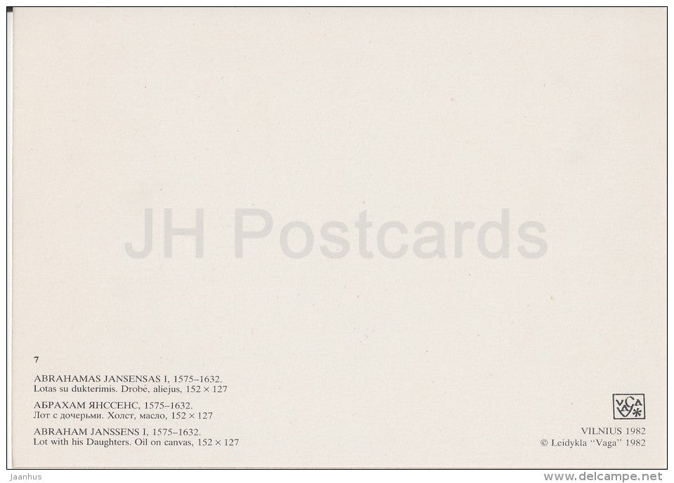 painting by Abraham Janssens - Lot with His Daughters - Flemish art - Lithuania USSR - 1982 - unused - JH Postcards