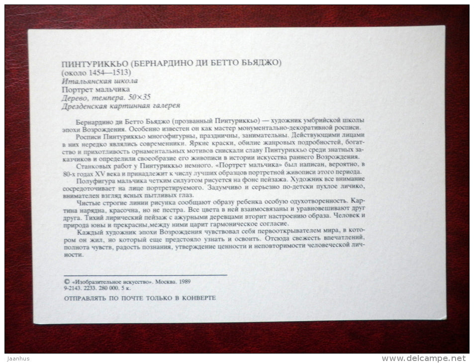 painting by Pinturicchio , Portrait of a boy - italian art - unused - JH Postcards