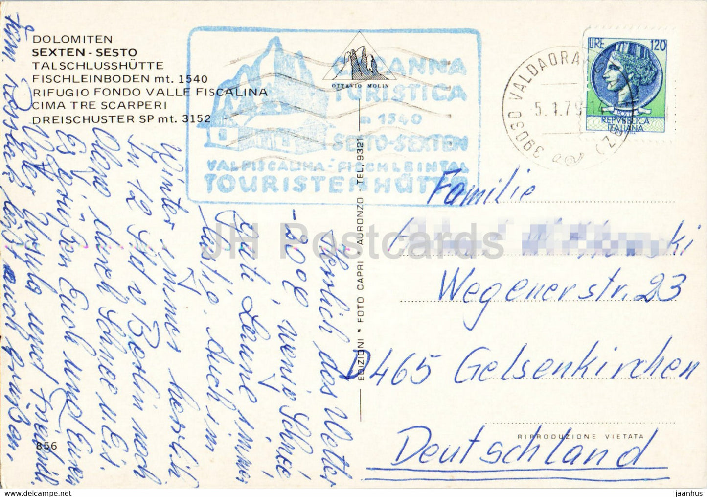 Sexten - Sesto - Talschlusshutte Fischleinboden - Rifugio Fondo Valle Fiscalina - Cima Tre Scarperi 1979 - Italy - used