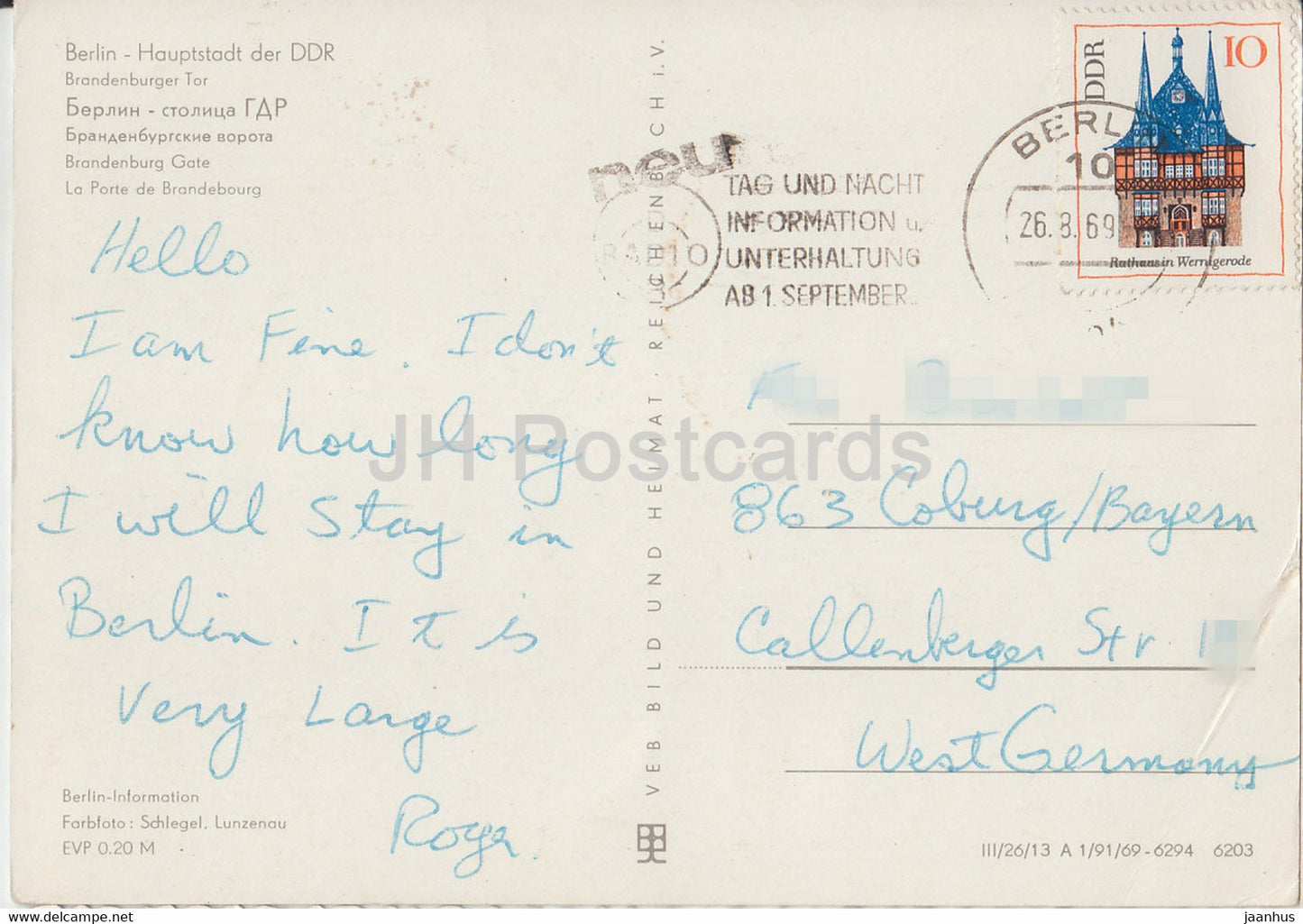 Berlin - Branderburger Tor - 1969 - Allemagne DDR - d'occasion