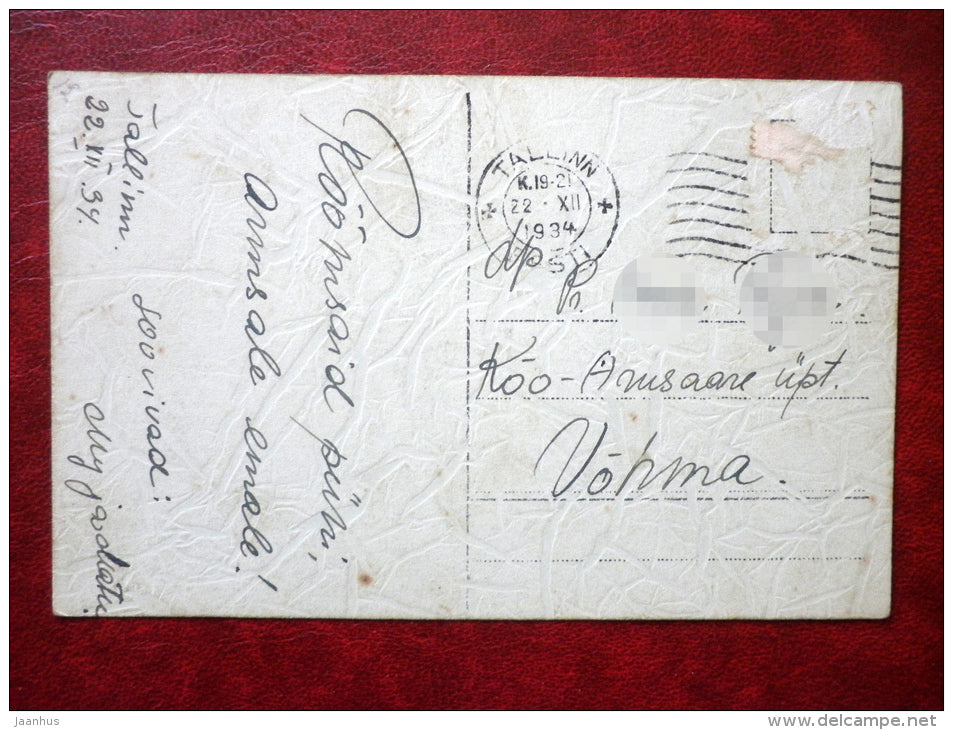 Christmas Greeting Card - spruce cones - circulated in 1934 - Estonia - used - JH Postcards