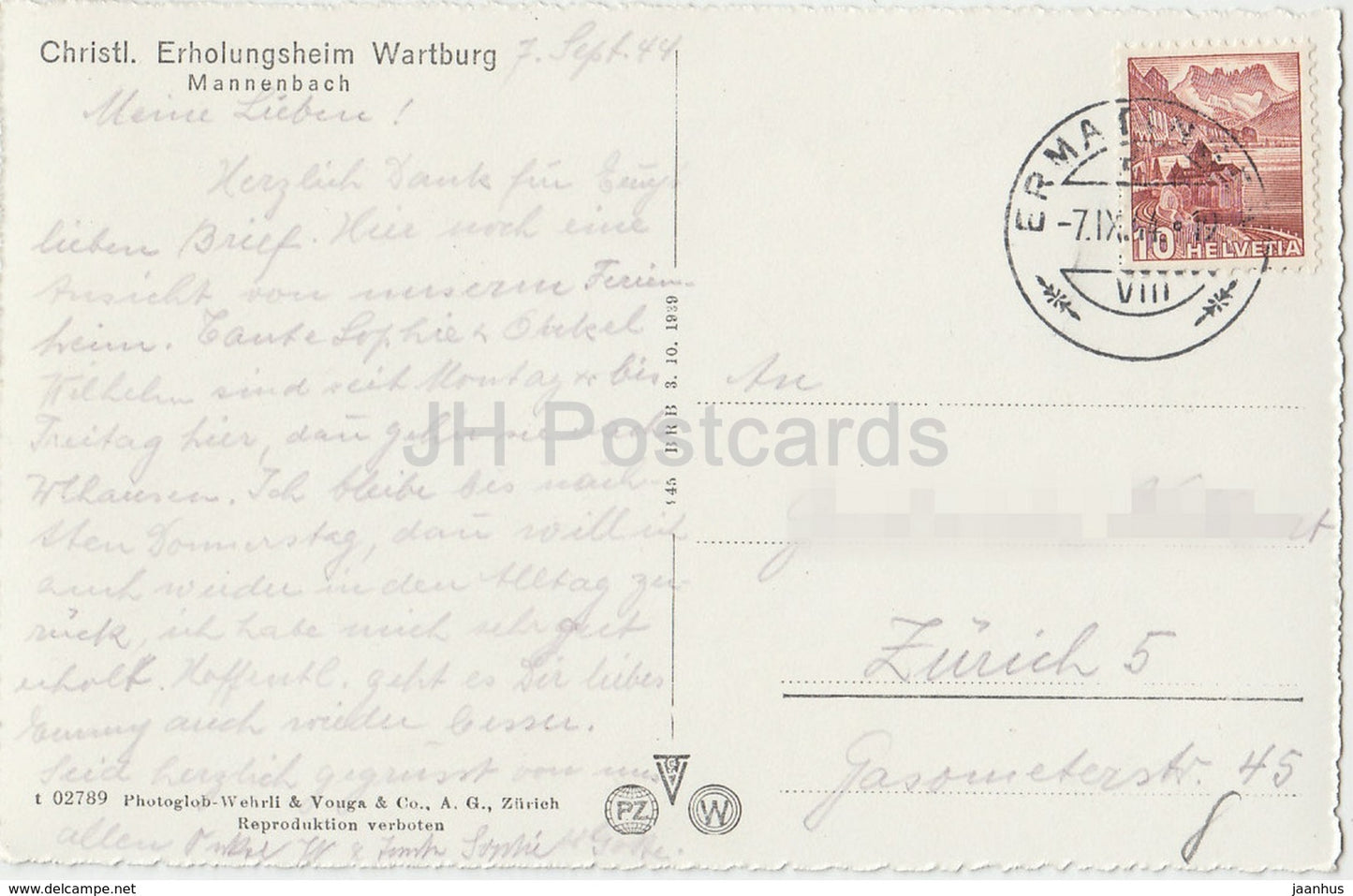 Christl. Erholungsheim Wartburg - Mannenbach - 02789 - Schweiz - 1944 - gebraucht