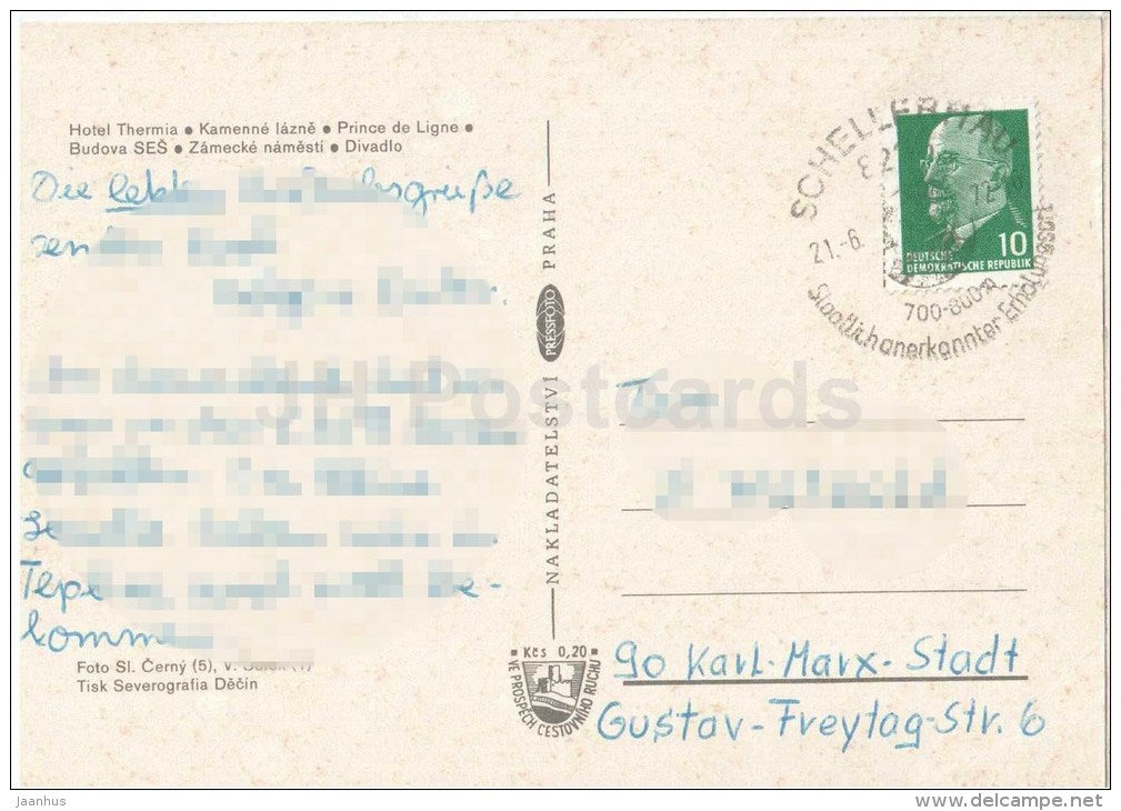 Teplice - hotel Thermia - Stone spa - Prince de Ligne - castle square - theatre - Czechoslovakia - Czech - used 1972 - JH Postcards
