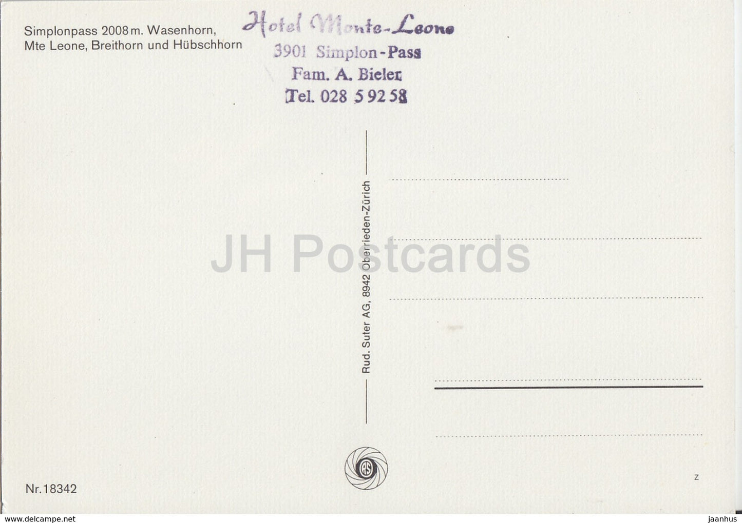 Simplonpass 2008 m - Wasenhorn - Mte Leone - Breithorn - Hubschhorn - 18342 - Switzerland - unused