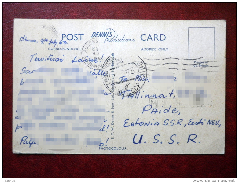 Birmingham - Cannon Hill Park - sent to Estonia, USSR 1963 , stamps removed - England - United Kingdom - used - JH Postcards