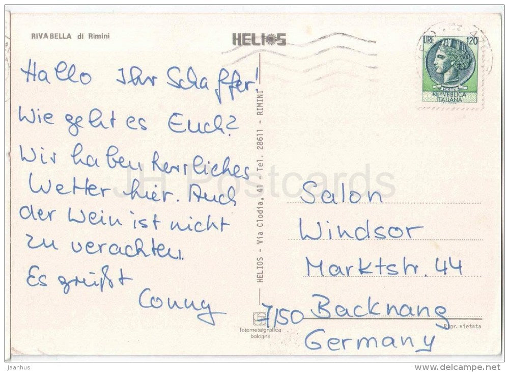 SALUTI DA RIVABELLA - beach - sailing boat - RIMINI - Emilia-Romagna - Italia - Italy - sent from Italy to Germany - JH Postcards