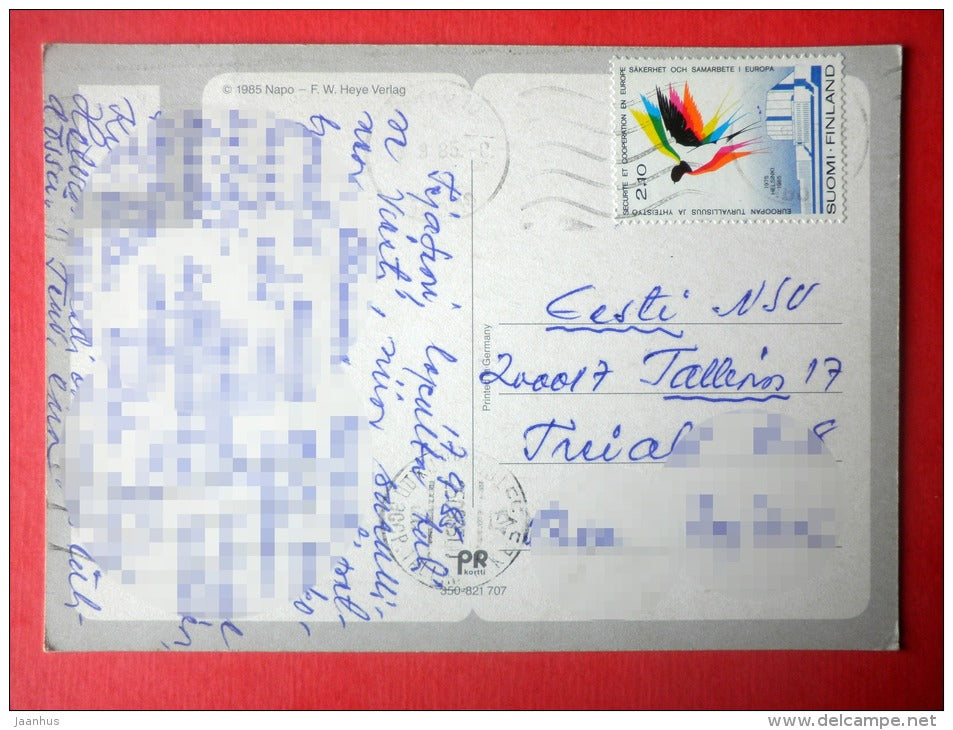 illustration by Napo - monkey - banana - moon - Finland - sent from Finland to Estonia USSR 1985 - JH Postcards