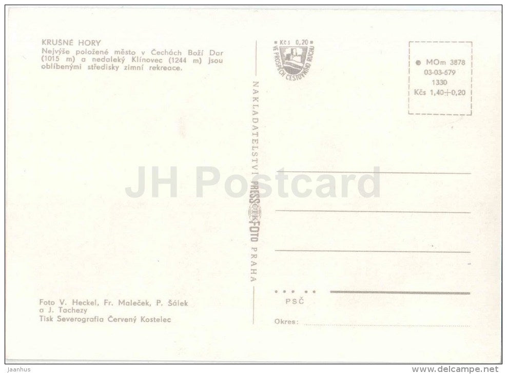 Krusne Hory - Bozi Dar - Klinovec - ski resort - skiing - Czechoslovakia - Czech - unused - JH Postcards