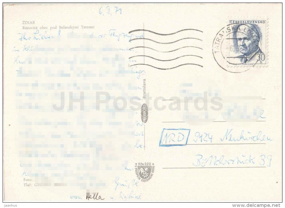 Zdiar - village under the Belianske Tatra - church - Czechoslovakia - Slovakia - used 1971 - JH Postcards