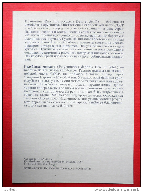The Meleager´s Blue - The Southern Festoon , Zerynthia polyxena - insects - 1987 - Russia USSR - unused - JH Postcards