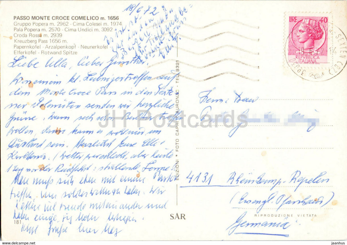 Passo Monte Croce Comelico - Gruppo Popera - Cima Colesei - Pala Popera - Cima Undici - 1972 - Italy - used